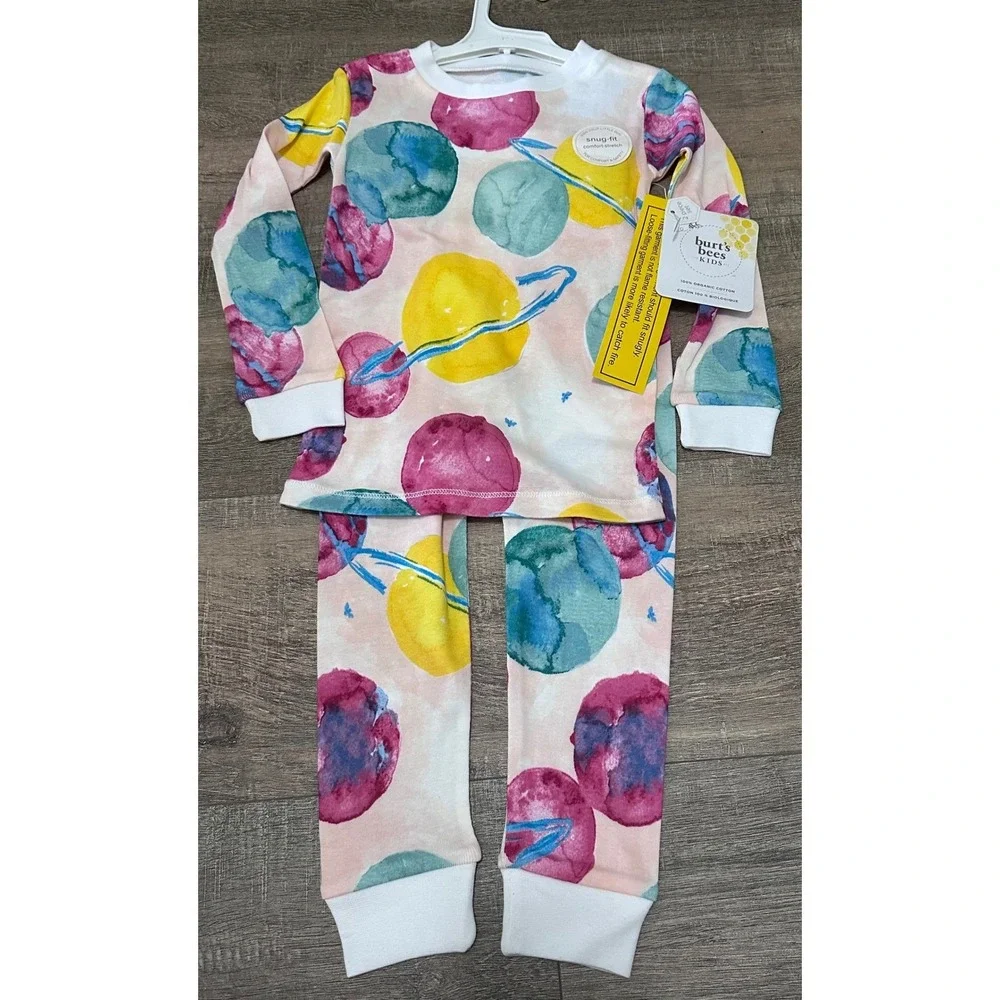 Burt's Bees Kids Organic Cotton Pajamas 2T Snug Fit Space Planet Watercolor Set